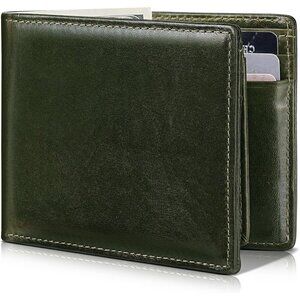 Men's Classic Bifold Wallet Card Green Style Genuine Leather 2 Cash Pockets